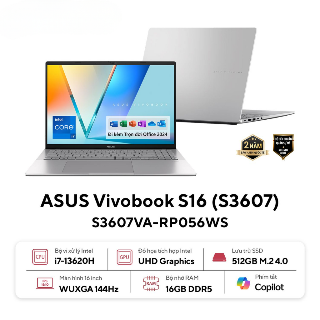 Laptop ASUS VivoBook S16 S3607VA-RP056W (i7-13620H | 16GB | 512GB | Intel UHD | 16' WUXGA | Win 11 + Office Home 2024)