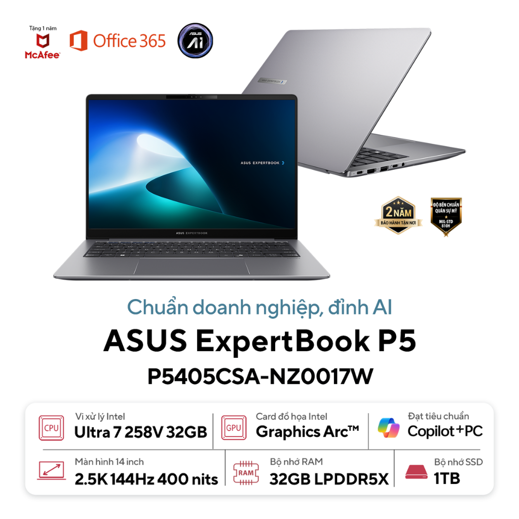 Laptop ASUS ExpertBook P5 P5405CSA-NZ0017W (Ultra 7 258V | 32GB | 1TB | Intel Arc 140V | 14' 2K WQXGA 144Hz | Win 11)